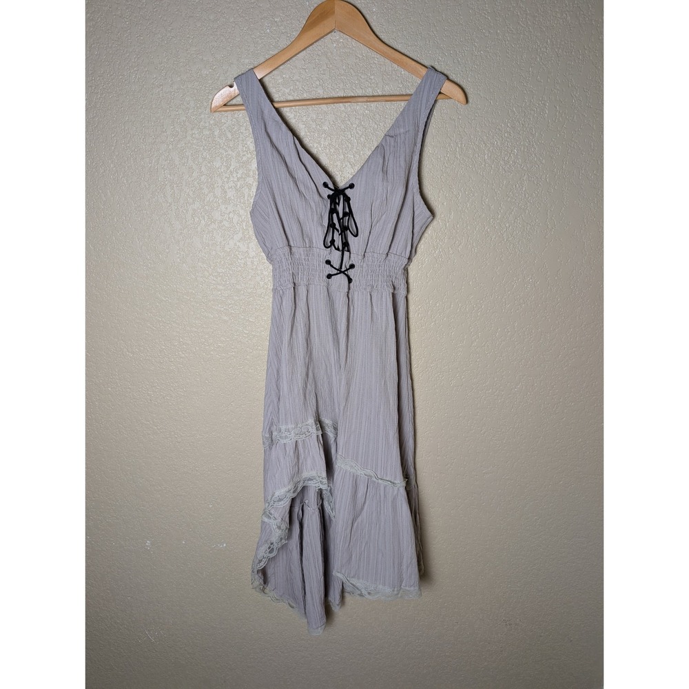 Boho Lace Up Smocked Waist High Low Tiered Lace Trim Dress Lavender Grey Small